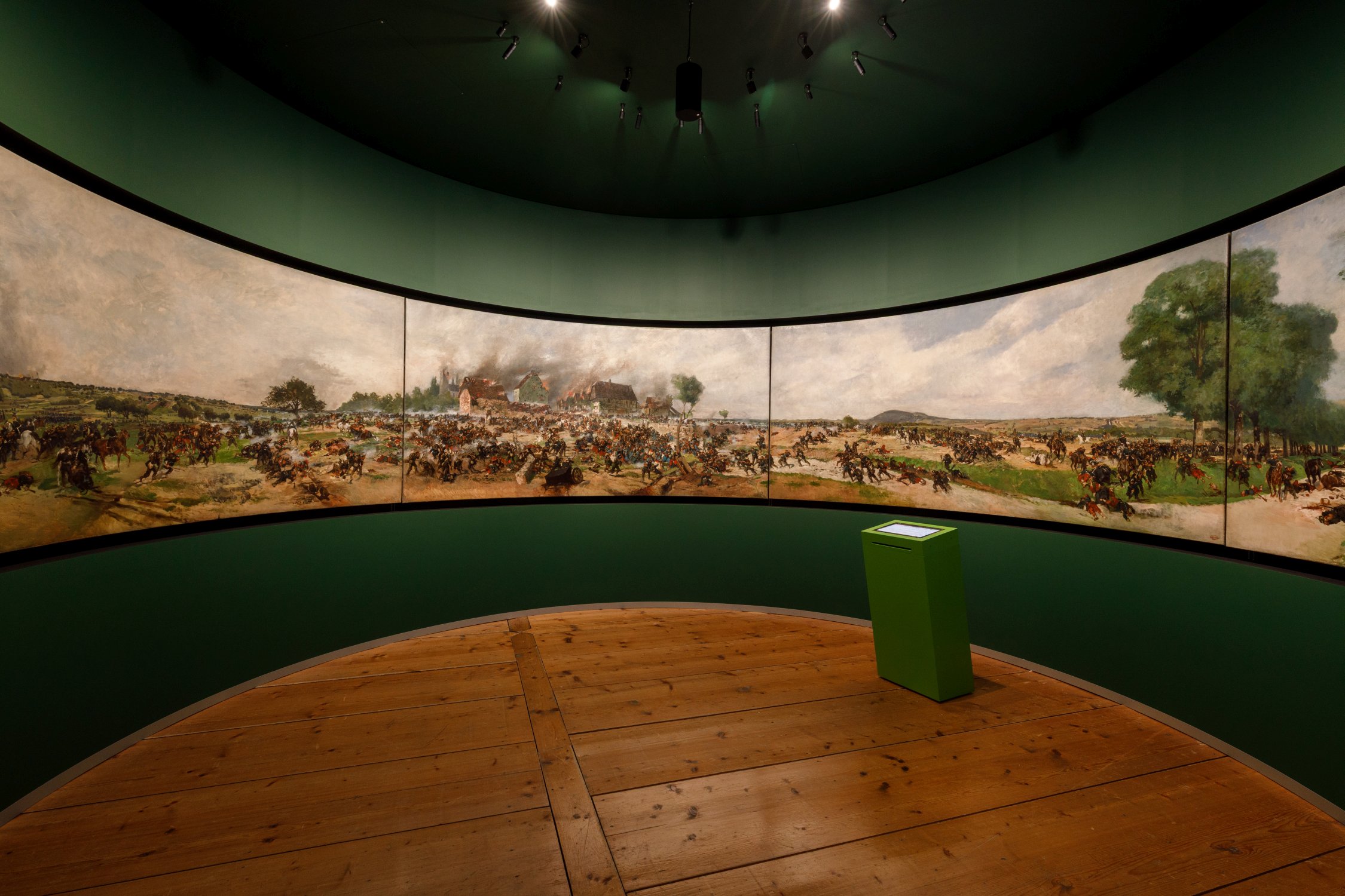 "Die Schlacht von Wörth", Ölskizzen von Otto von Faber du Faur (1881); Rotunde in der Ausstellung "Krieg und Frieden. Militär in Bayern 1870-1914" im Bayerischen Armeemuseum, Inv.-Nr. C 3090 © Bayerisches Armeemuseum (Foto: Luise Wagener)